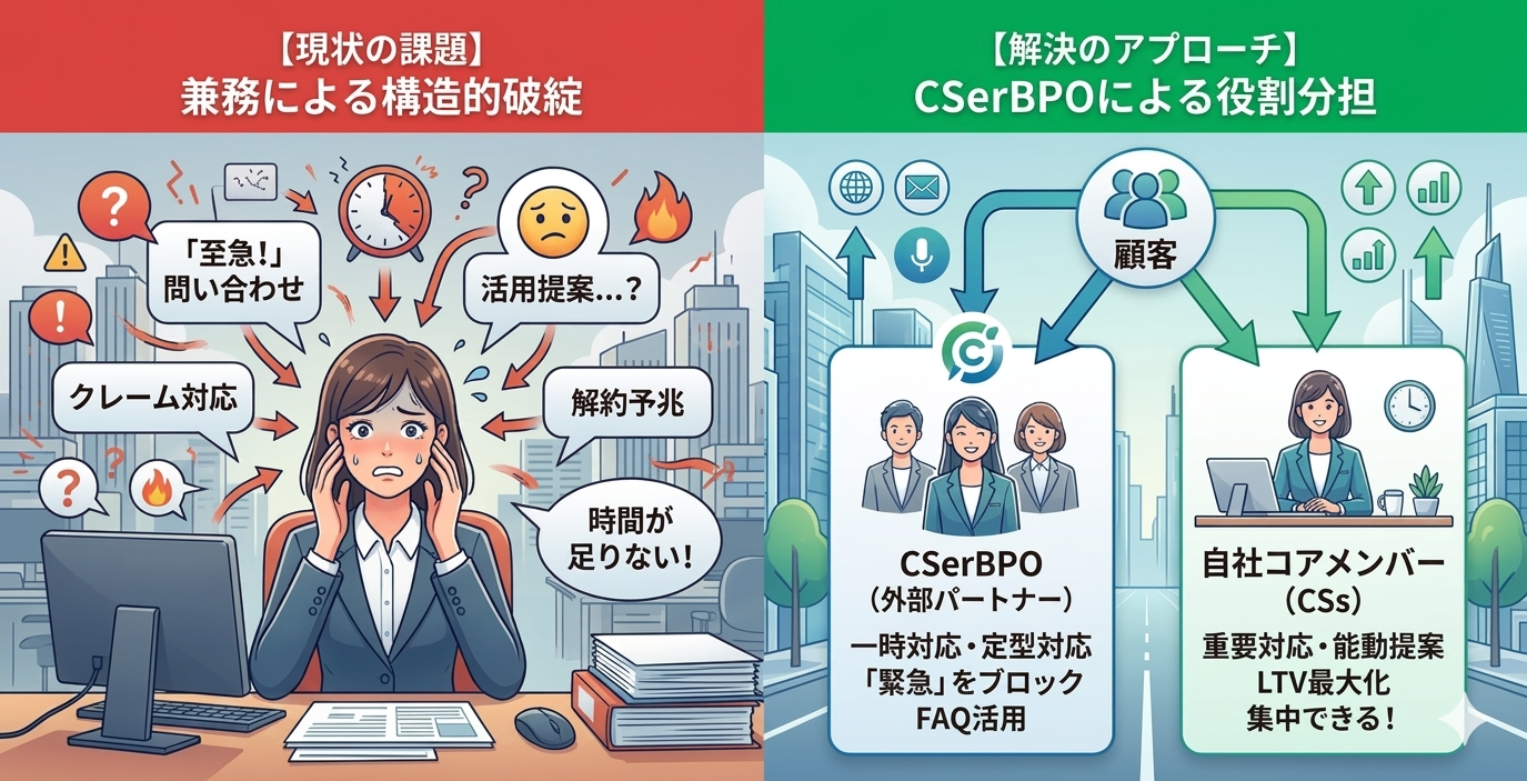 カスタマーサポートとカスタマーサクセス(CS)の兼務はなぜ破綻する?「機能分離」を進める3ステップと解決策